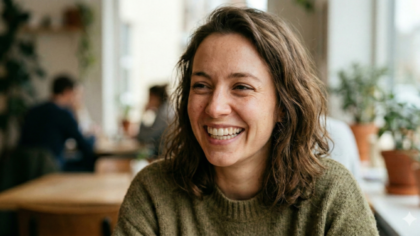 Mujer sonriendo de forma espontánea y natural en una cafetería, mostrando un resultado realista de carillas de composite que respetan el esmalte original sin grosores ni blancos artificiales.