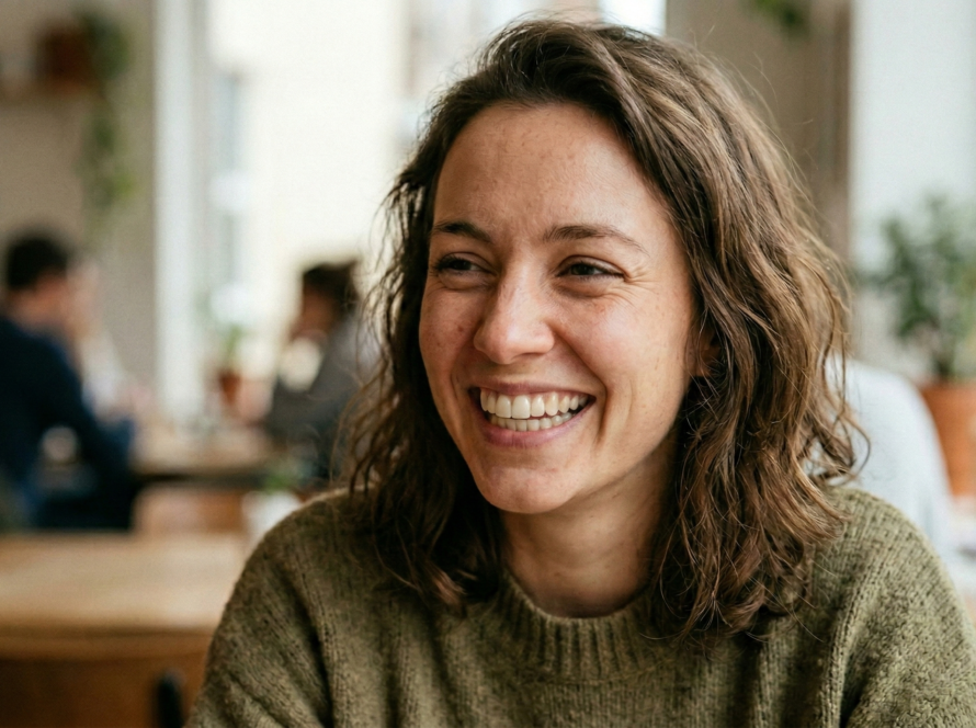 Mujer sonriendo de forma espontánea y natural en una cafetería, mostrando un resultado realista de carillas de composite que respetan el esmalte original sin grosores ni blancos artificiales.