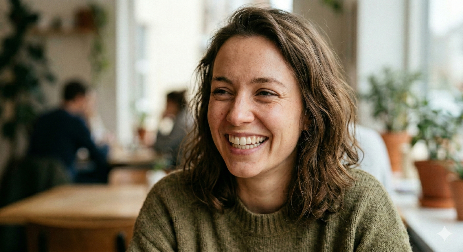 Mujer sonriendo de forma espontánea y natural en una cafetería, mostrando un resultado realista de carillas de composite que respetan el esmalte original sin grosores ni blancos artificiales.